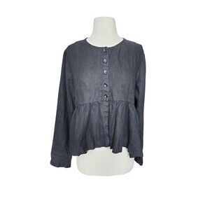 Formidable By D.A.R. Linen Peplum Blouse Womens M Black Minimalist Office Boho